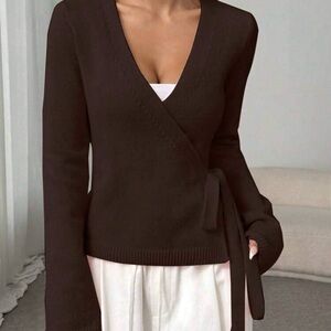 Fashion Nova Chocolate V-Neck Wrap Sweater